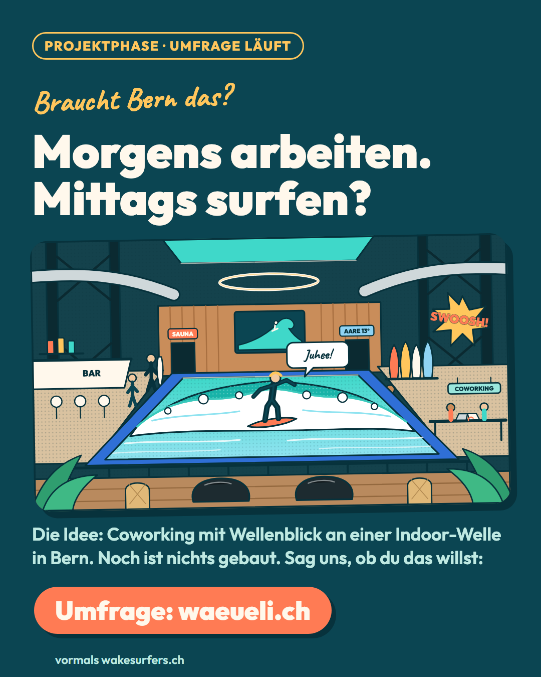 LinkedIn-Bild hochkant: Braucht Bern das? Morgens arbeiten. Mittags surfen? Projektphase, Umfrage läuft